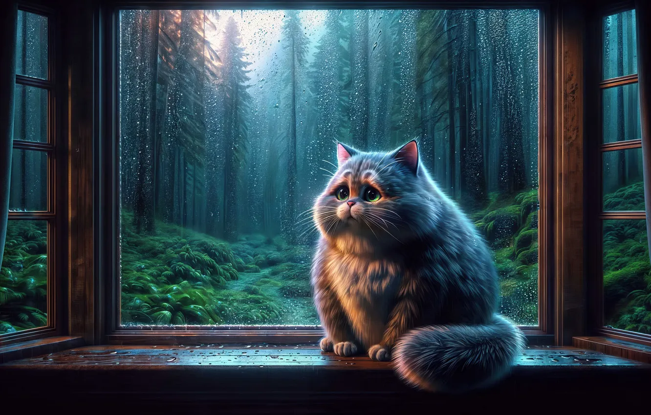 Photo wallpaper sadness, forest, cat, rain, window