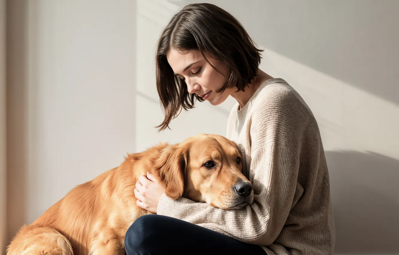 Photo wallpaper girl, light, each, wall, dog, brunette, red, weasel