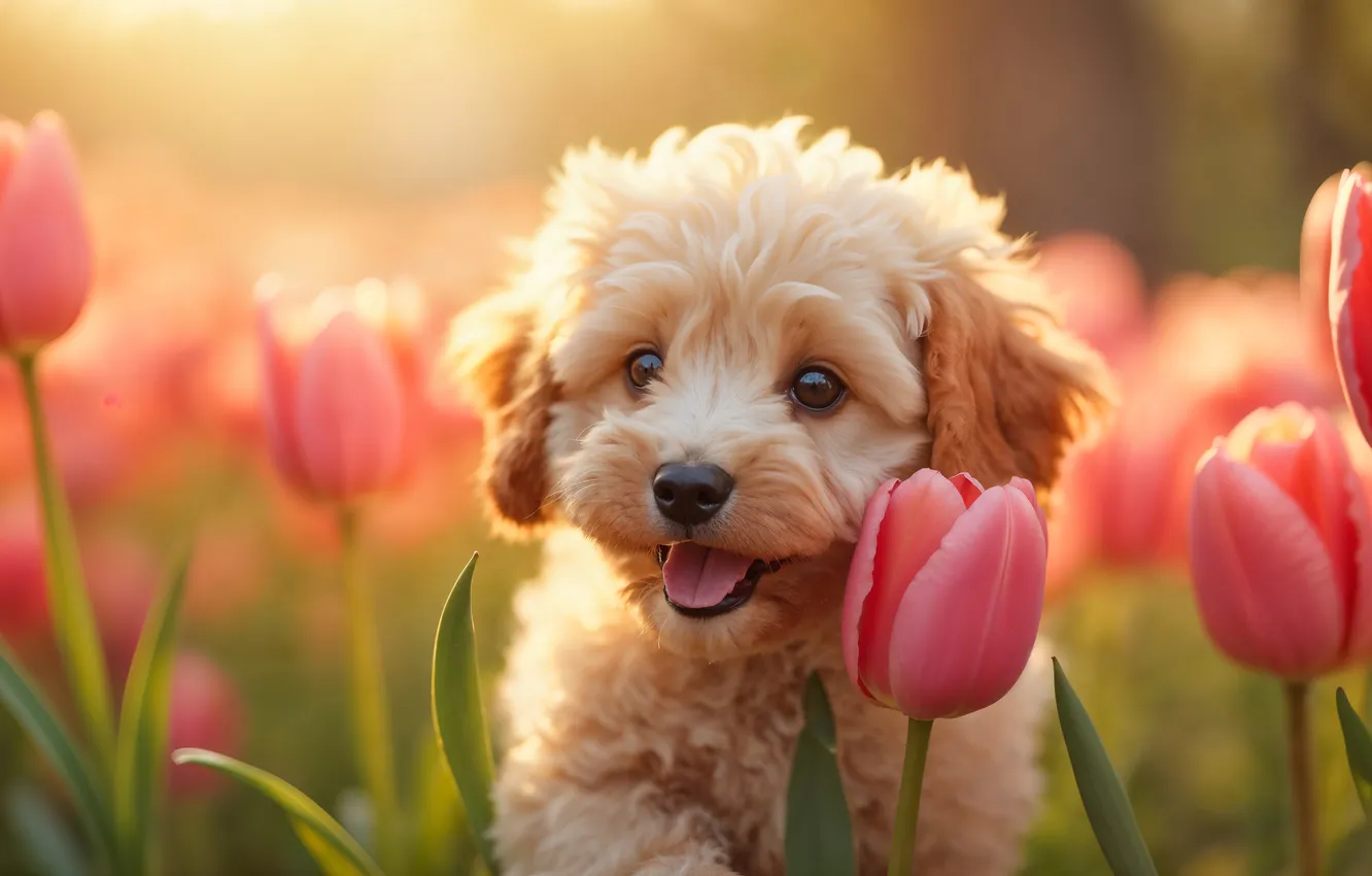 Photo wallpaper language, white, look, light, flowers, pose, portrait, dog