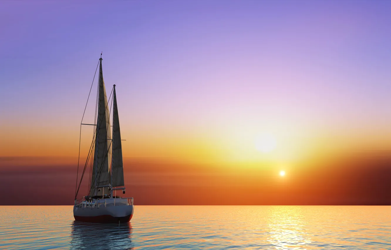 Photo wallpaper sea, the sky, the sun, sunset, graphics, yacht, horizon, glow