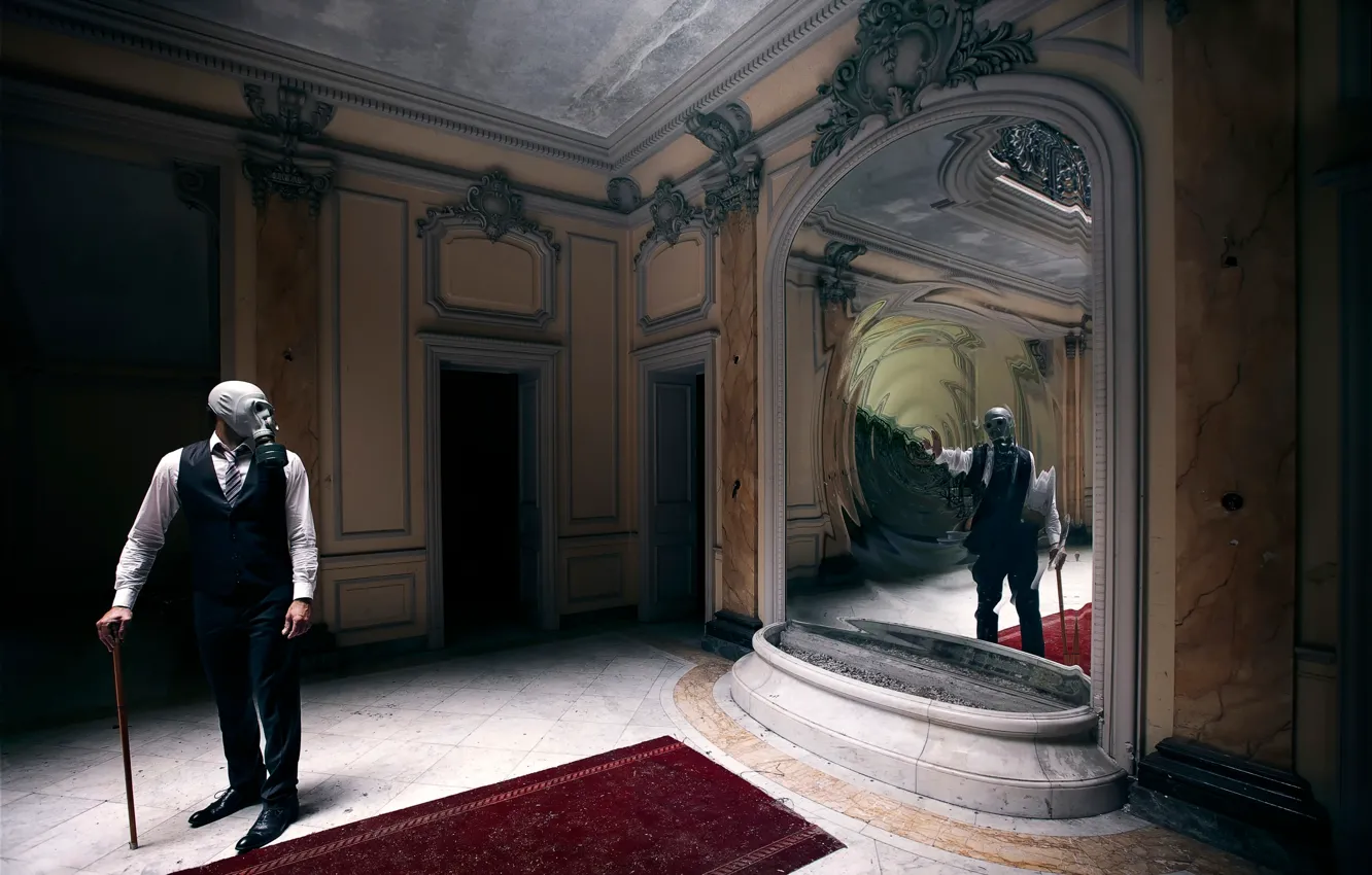 Photo wallpaper the portal, mirror, art, gas mask, male