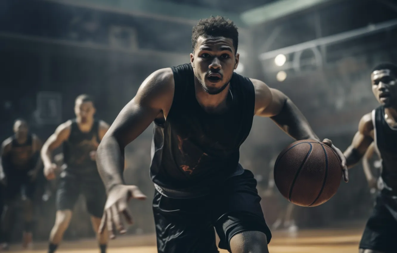 Photo wallpaper sport, the ball, Basketball, male, Negro, digital art, AI art, The Art of Artificial Intelligence