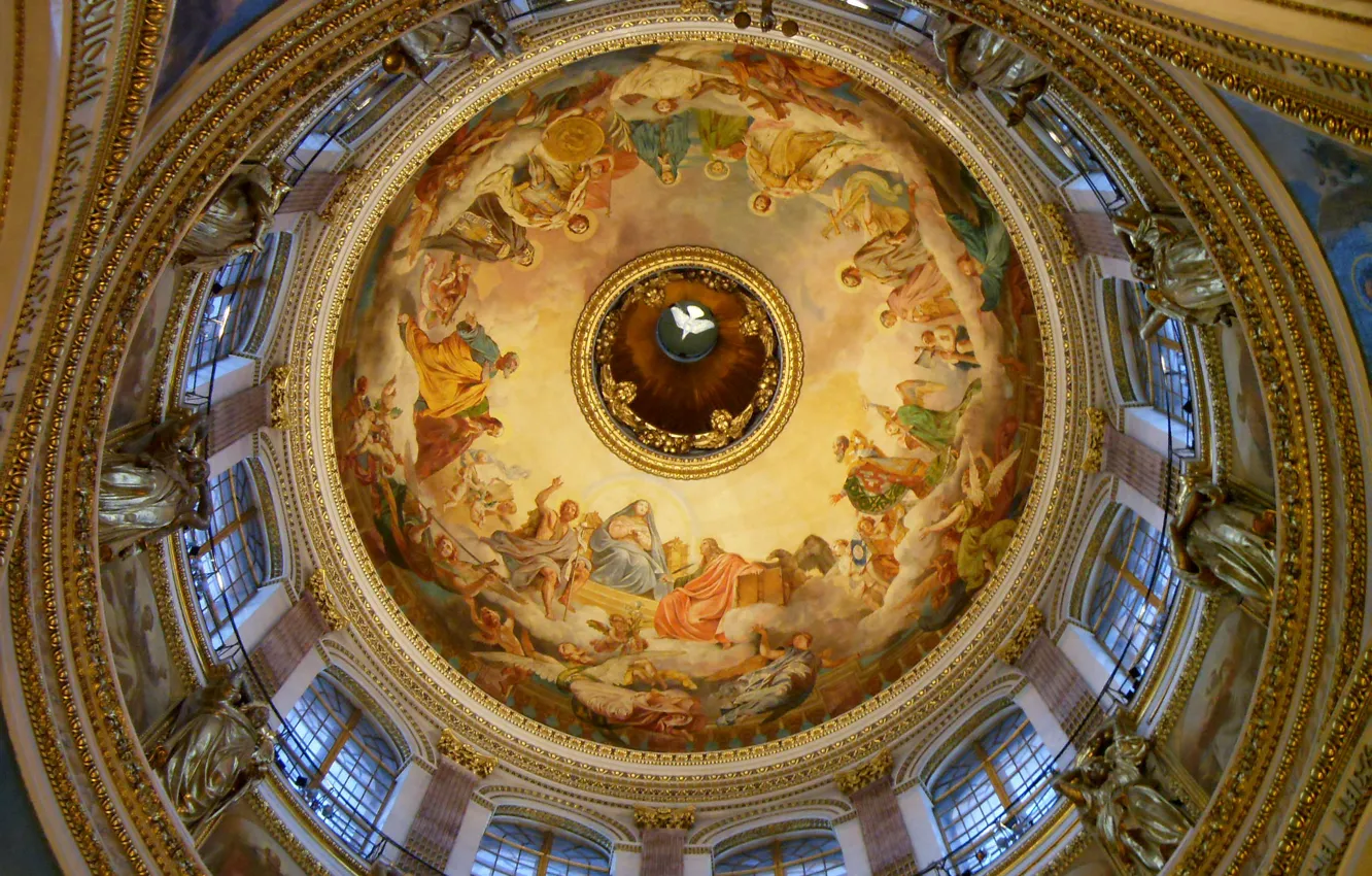 Photo wallpaper gold, interior, picture, window, pigeons, St. Isaac's Cathedral, statue, painting