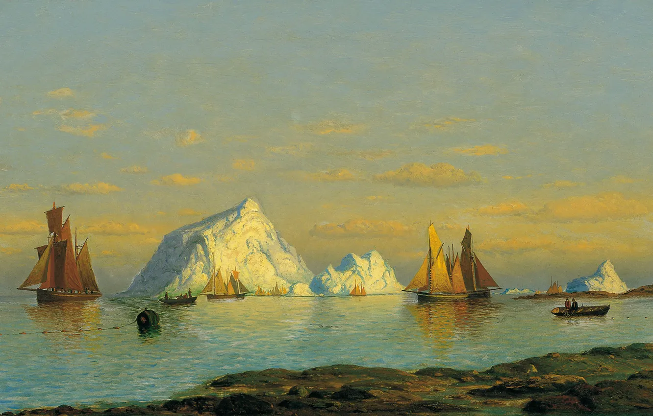 Photo wallpaper boat, ship, picture, iceberg, sail, seascape, William Bradford, The fishermen on the Coast of Labrador