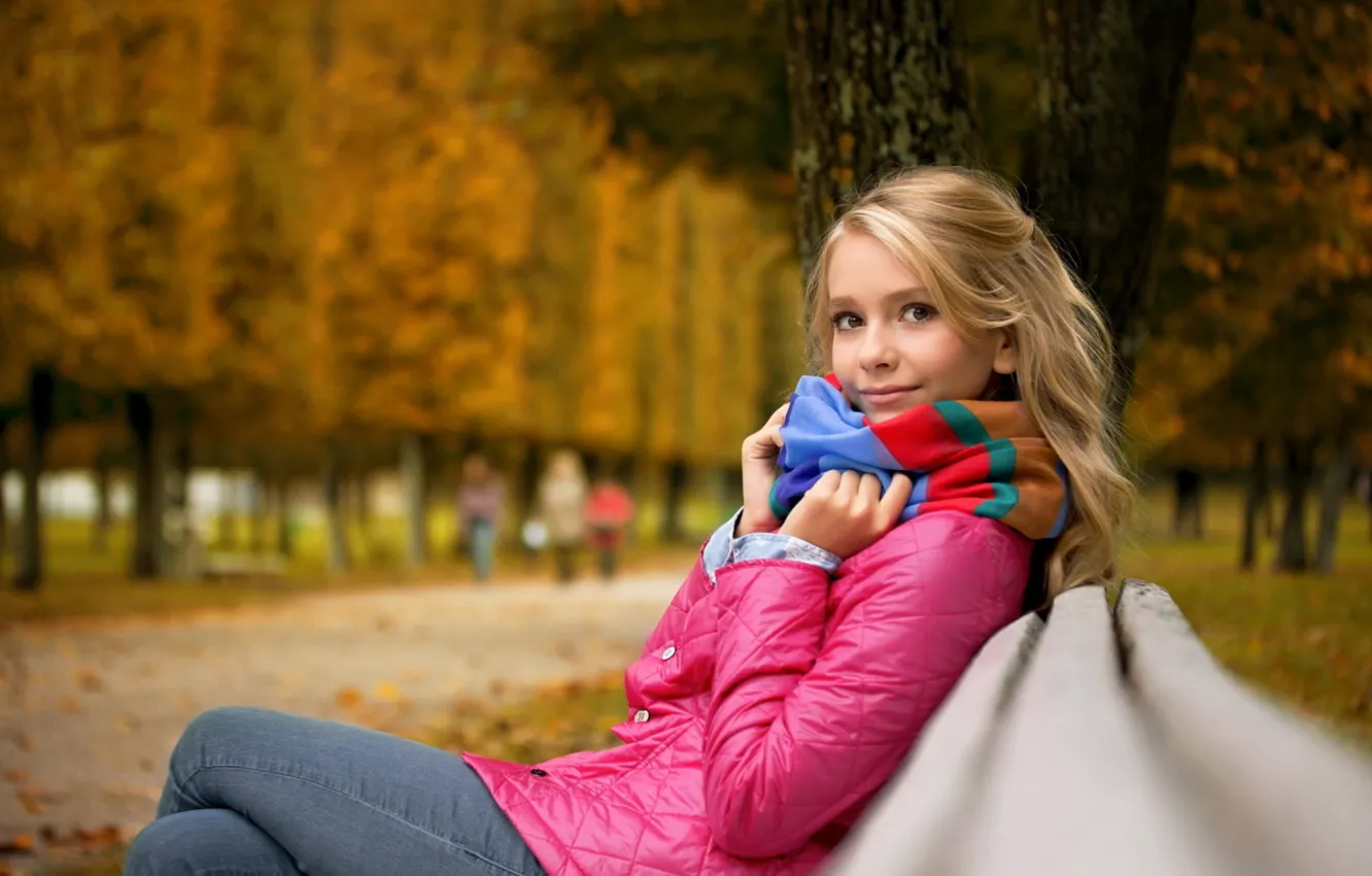 Photo wallpaper autumn, Girl, scarf, blonde, cutie, blurred background