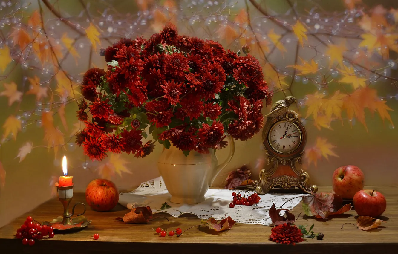 Photo wallpaper autumn, leaves, flowers, berries, apples, watch, candle, pitcher