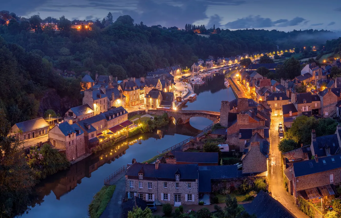 Photo wallpaper the city, lights, river, France, the evening, France, Dinan