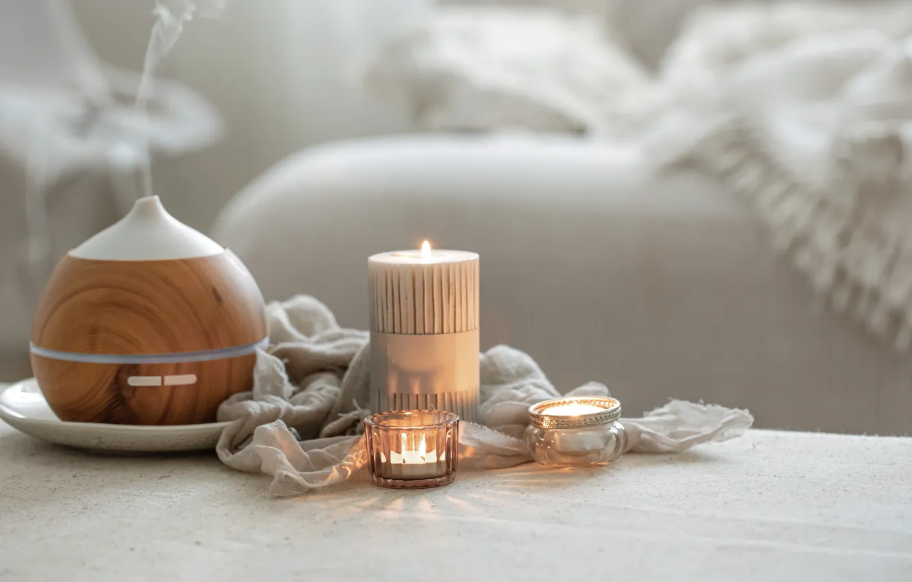 Photo wallpaper table, sofa, relax, towel, candles, fabric, haze, candle holder