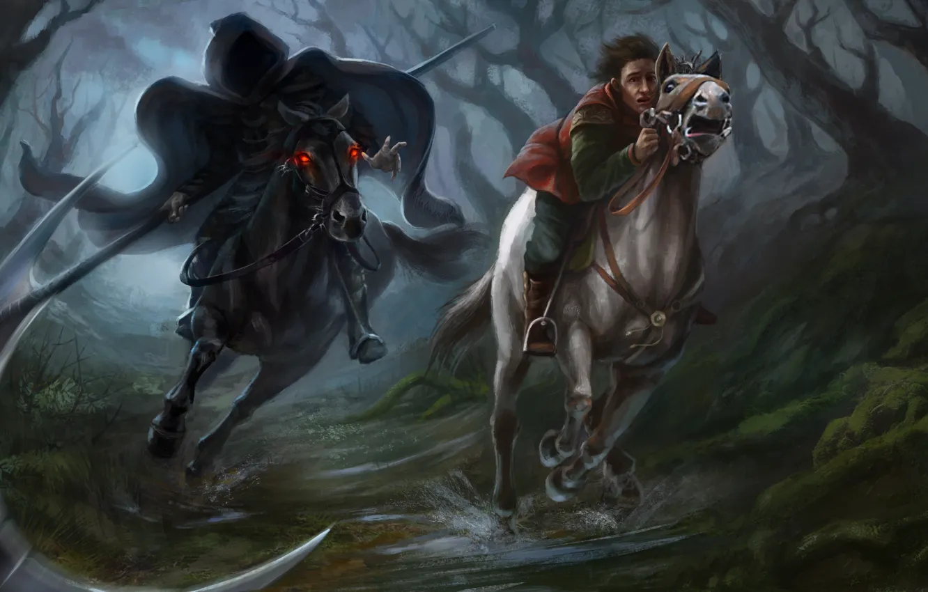 Photo wallpaper forest, trees, death, fright, fiction, horse, people, chase