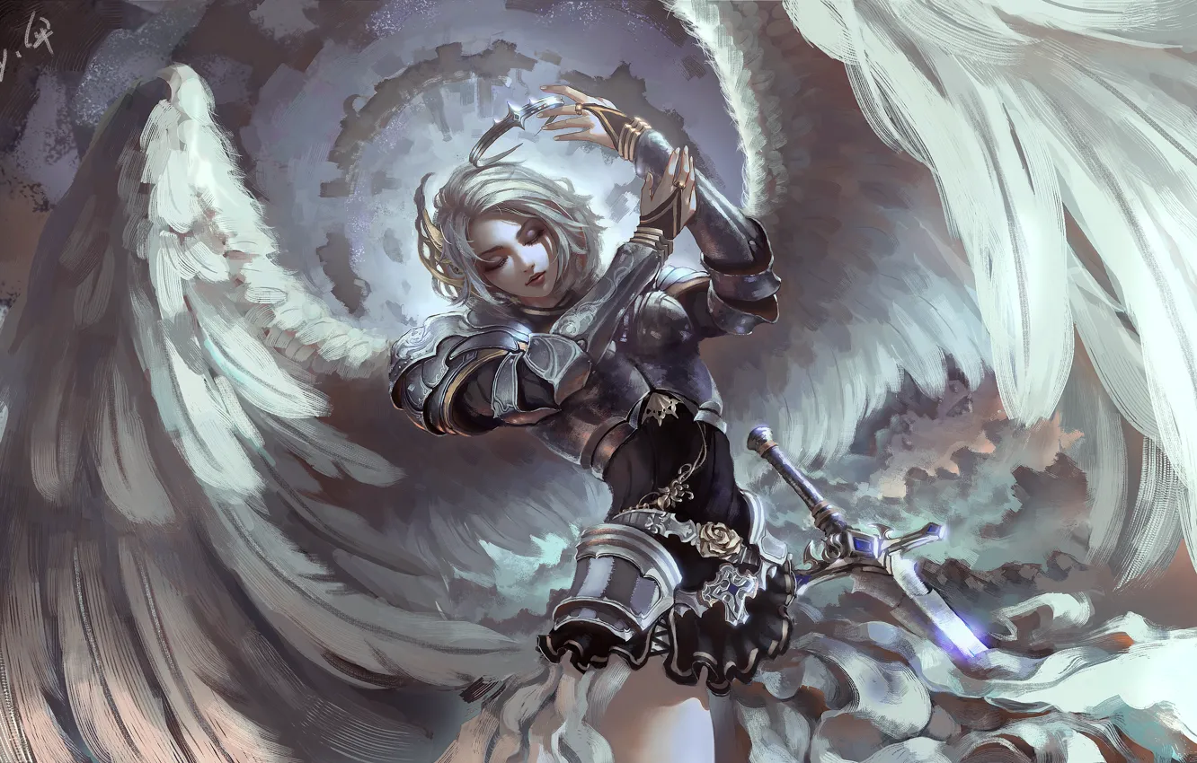 Photo wallpaper girl, weapons, wings, sword, armor, anime, warrior, art