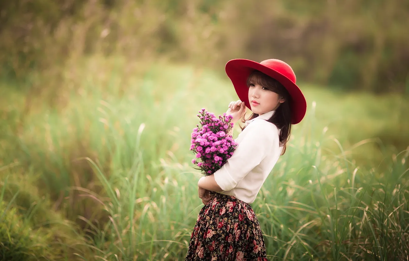 Photo wallpaper girl, flowers, nature, Asian