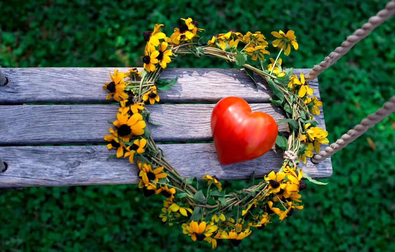 Photo wallpaper summer, flowers, nature, swing, heart, wreath