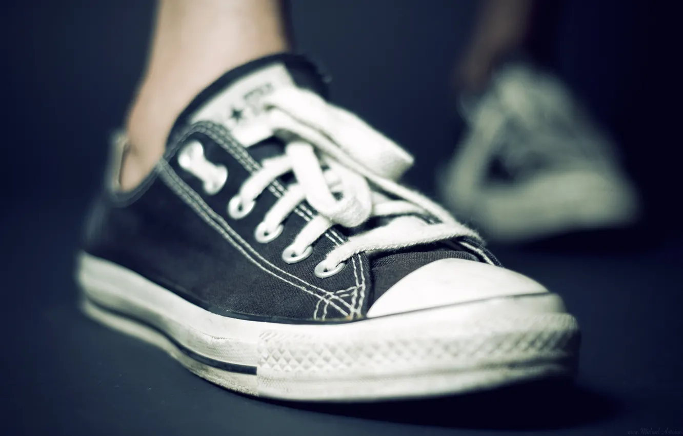 Photo wallpaper macro, feet, shoes, sneakers, white, laces