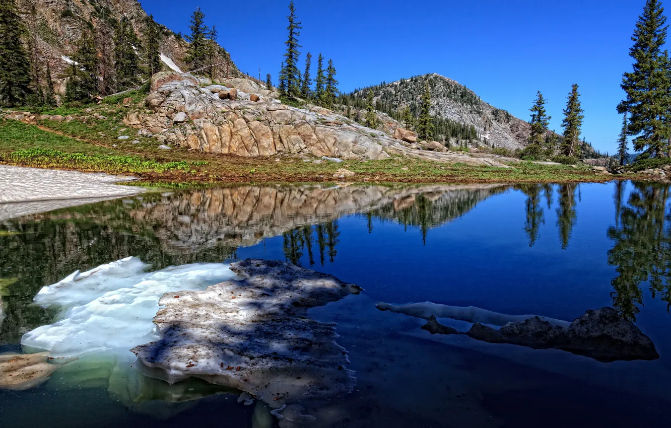 Photo wallpaper forest, the sky, snow, nature, lake, rocks