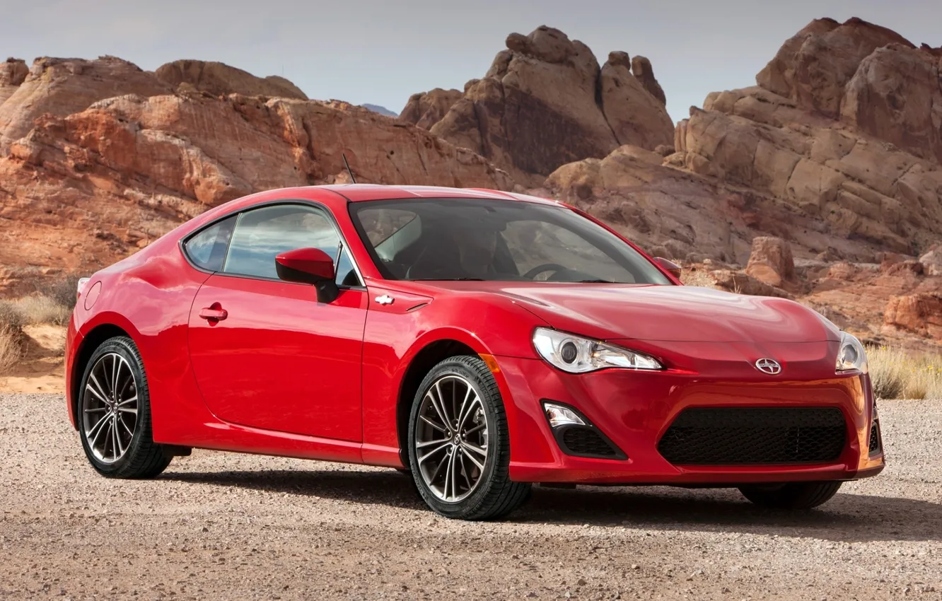 Photo wallpaper red, rocks, sports car, Toyota, the front, GT86, FR-S, Scion