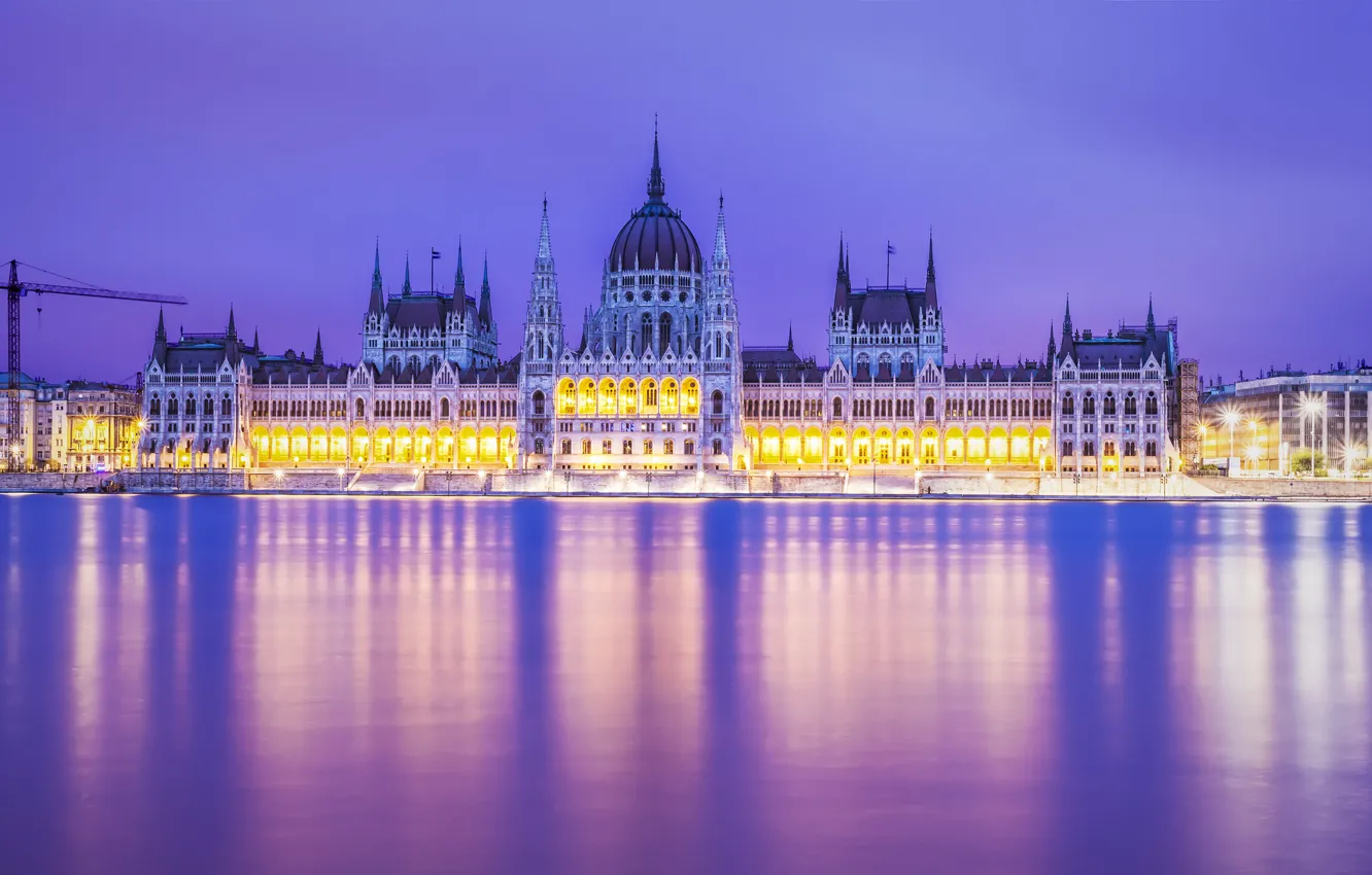 Photo wallpaper river, the evening, architecture, illumination, Budapest, Budapest, the Parliament building