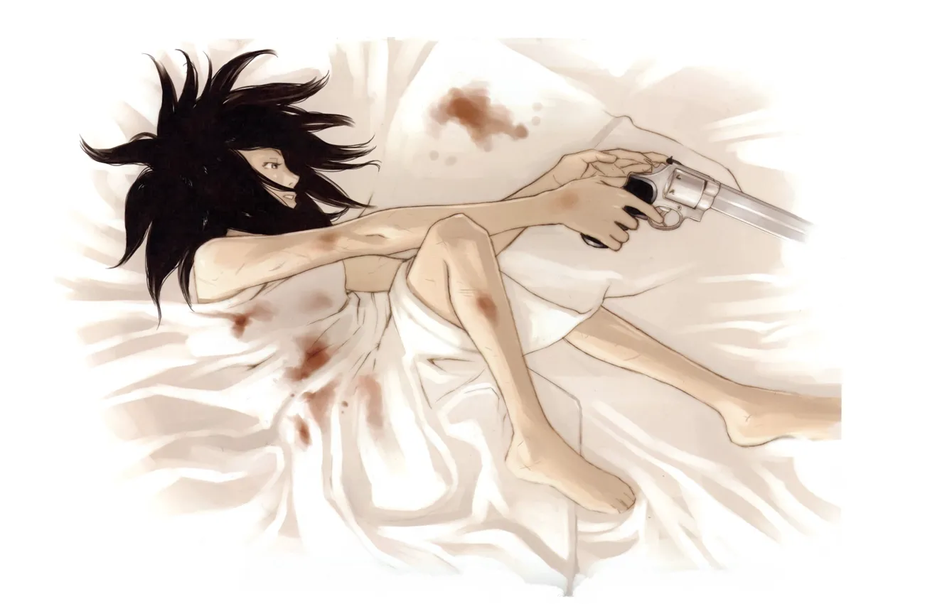 Photo wallpaper gun, spot, black hair, on the bed, bloody, obsessed, by Yuusuke Kozaki, Kyoko Karasuma no …