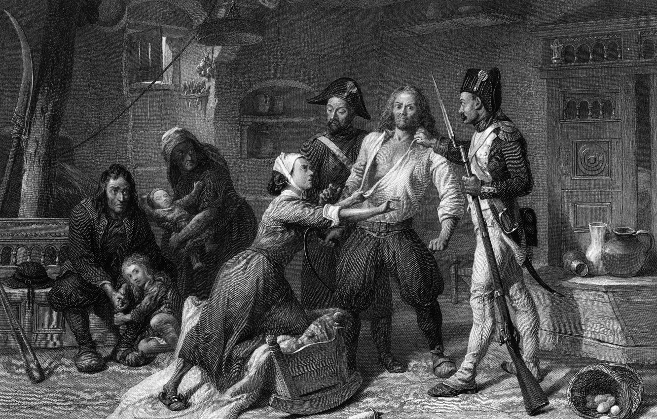 Photo wallpaper black and white, the French revolution, engraving, Arrest of the royalist, 1793