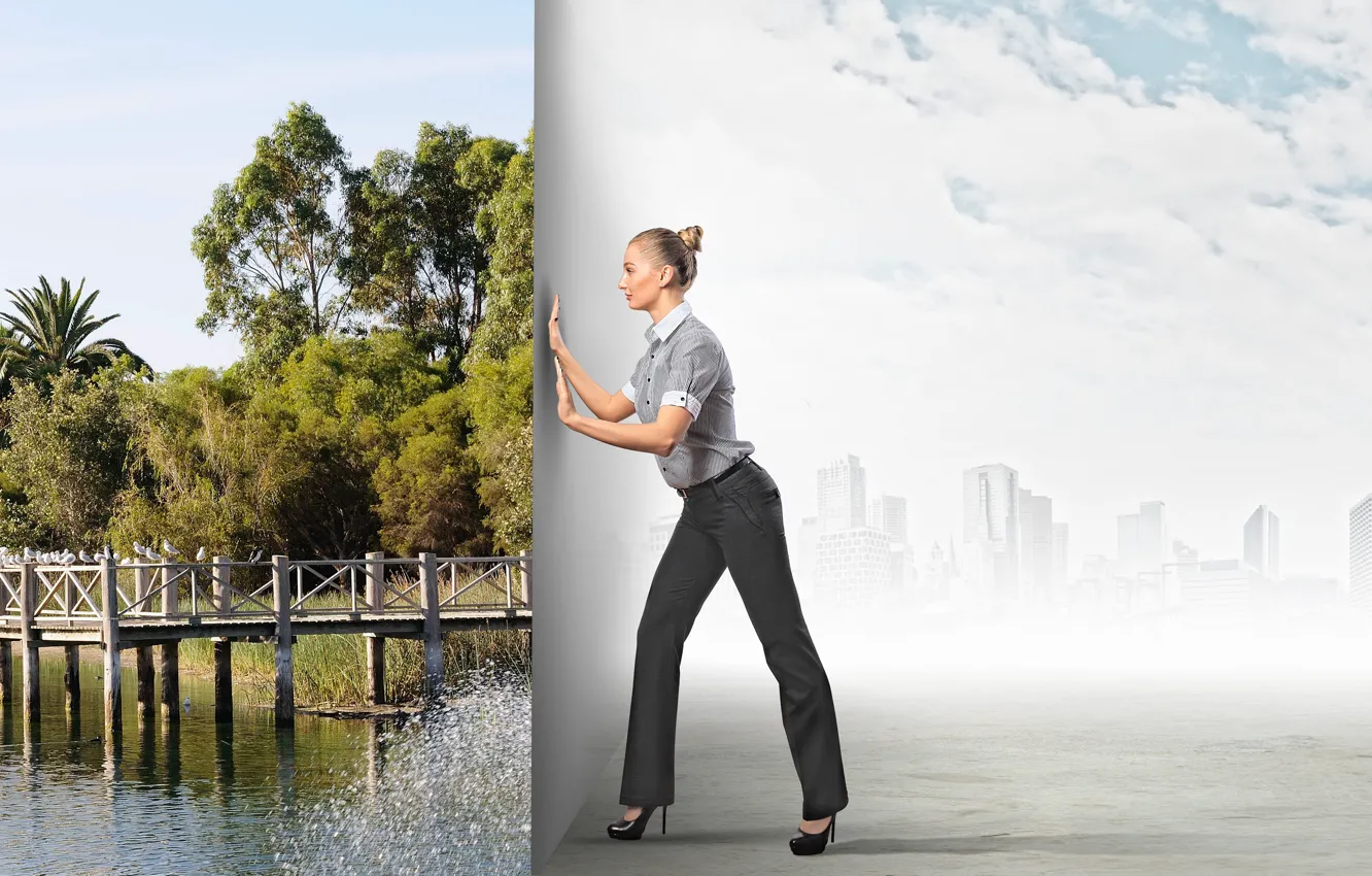 Photo wallpaper greens, girl, bridge, nature, the city, river, creative, hairstyle