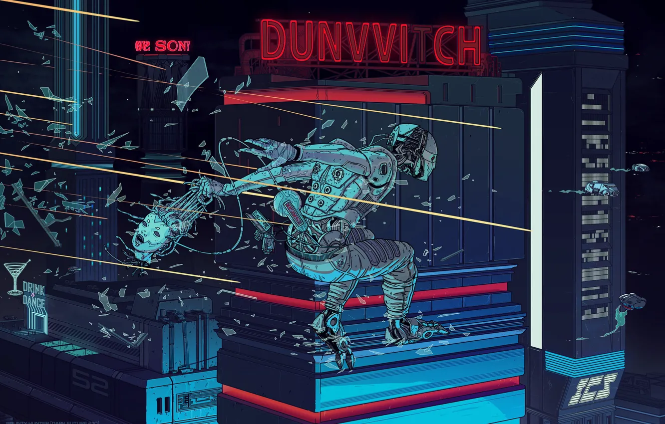 Photo wallpaper city, the city, style, fiction, wire, robot, head, art