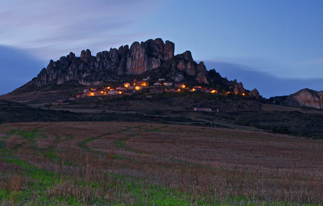Photo wallpaper field, mountains, lights, the evening, twilight, settlement, The Dolomites