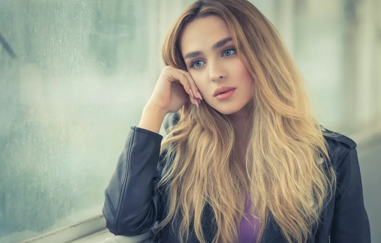 Photo wallpaper girl, eyes, window, blond, Sight