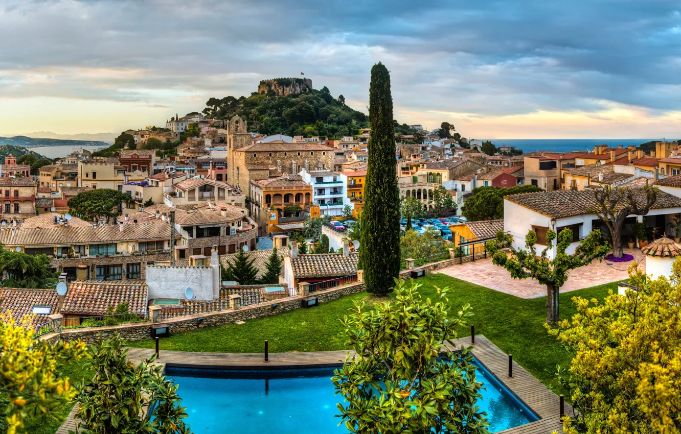 Photo wallpaper sea, the sky, clouds, trees, landscape, coast, home, pool