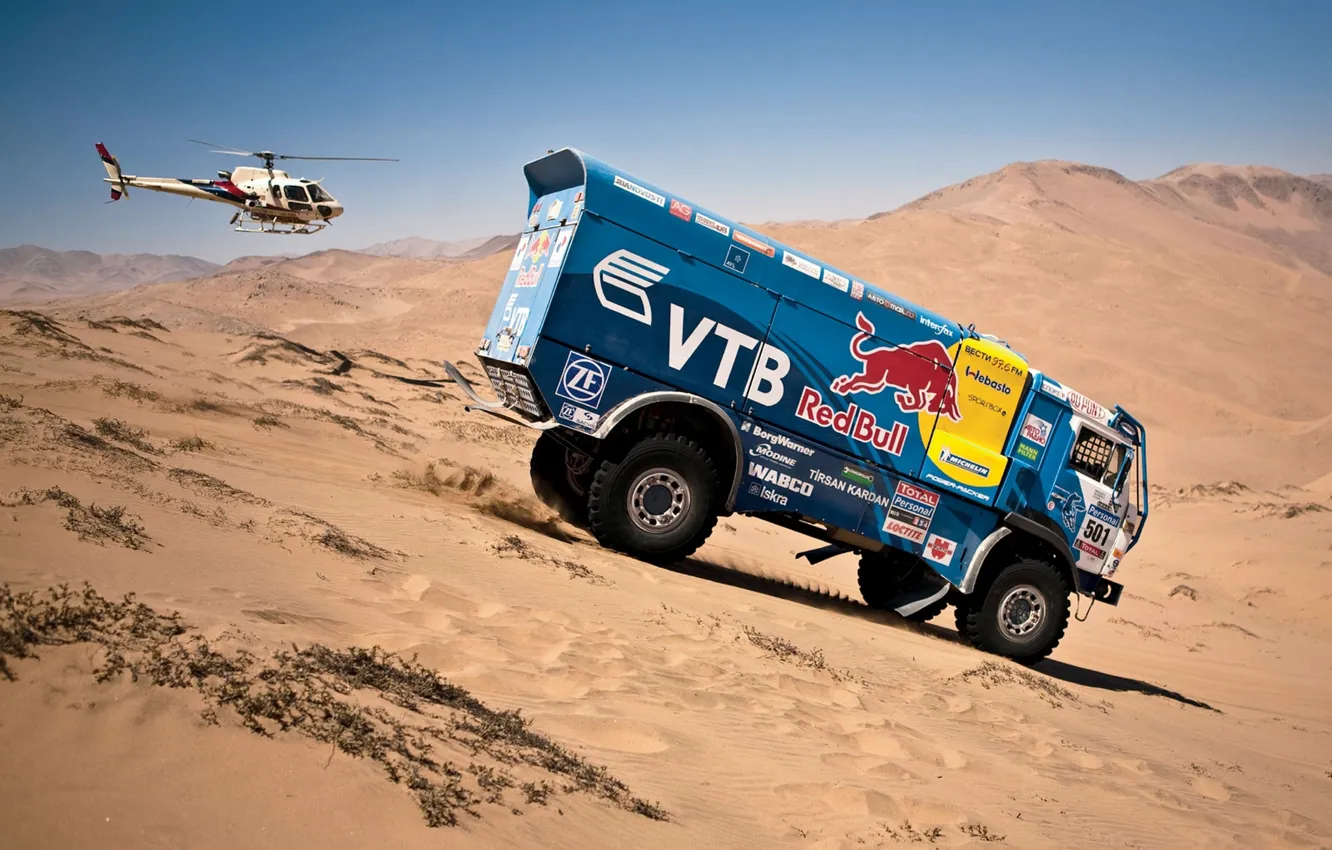 Photo wallpaper Sand, Auto, Blue, Machine, Helicopter, Red Bull, KAMAZ, Rally