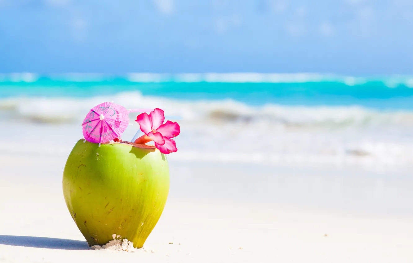 Photo wallpaper sand, beach, flowers, tropics, umbrella, coconut, cocktail, blur
