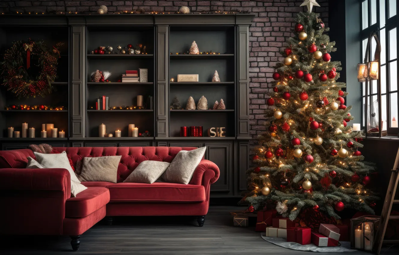 Photo wallpaper room, tree, new year, interior, Christmas, Christmas, tree, interior