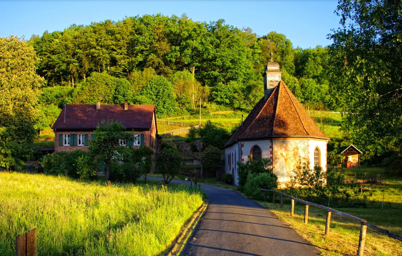 Photo wallpaper road, greens, forest, summer, the fence, house