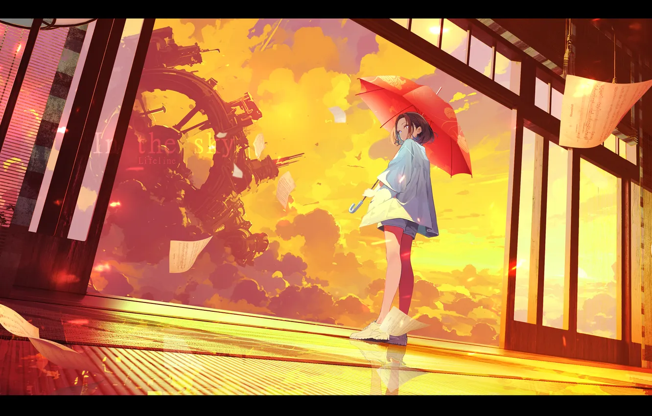 Photo wallpaper umbrella, short hair, brunette, looking back, standing, sheet music, looking at viewer, Red Umbrella