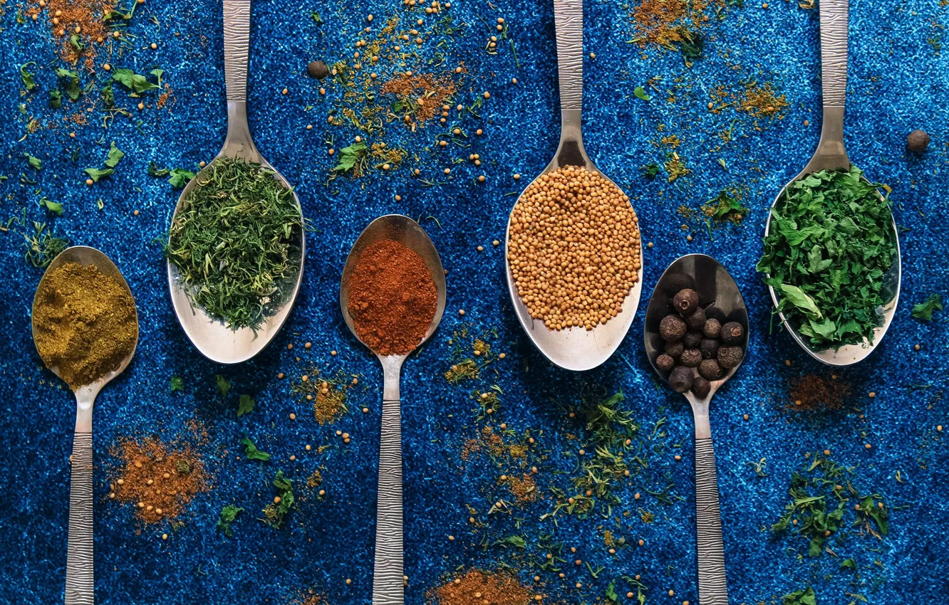 Photo wallpaper greens, seeds, dill, spoon, pepper, placer, different, blue background