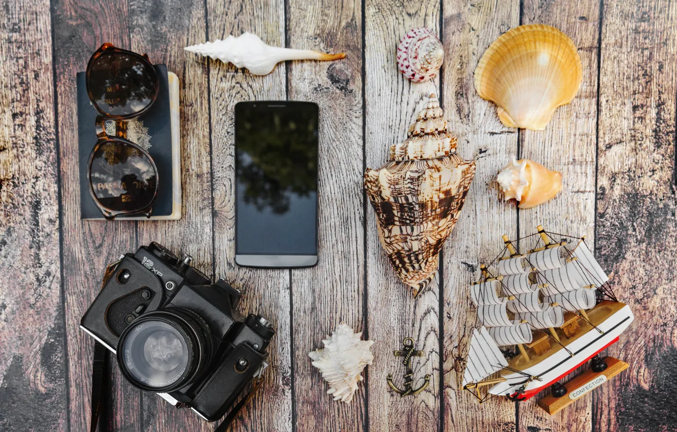 Photo wallpaper sea, summer, shell, glasses, the camera, Notepad, phone, accessories