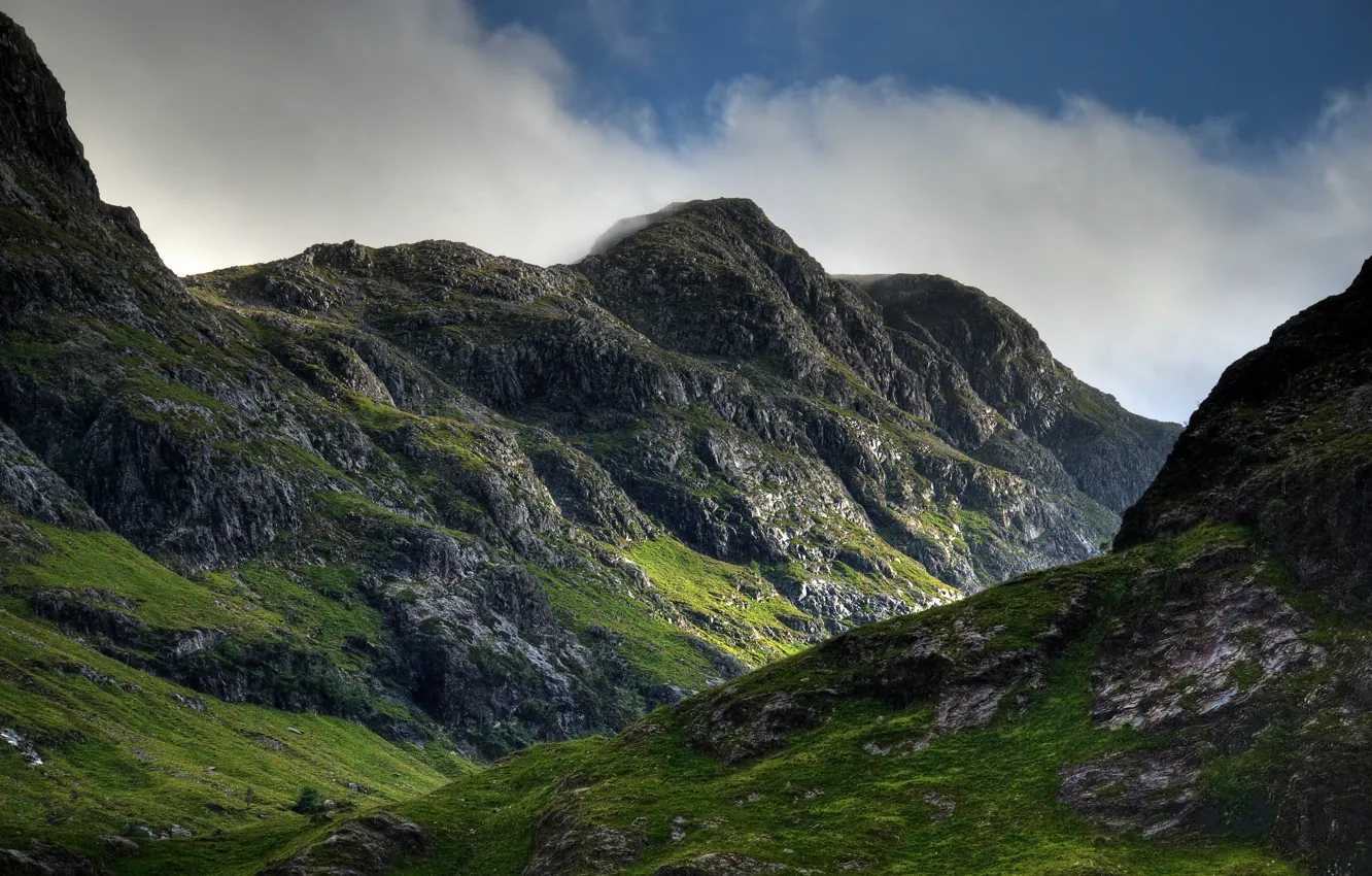 Photo wallpaper the sky, clouds, mountains, stones, Scotland, peak