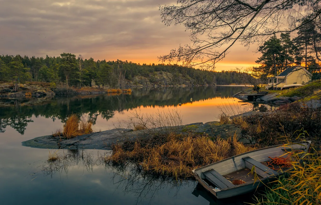 Photo wallpaper autumn, forest, trees, sunset, river, stones, shore, boat