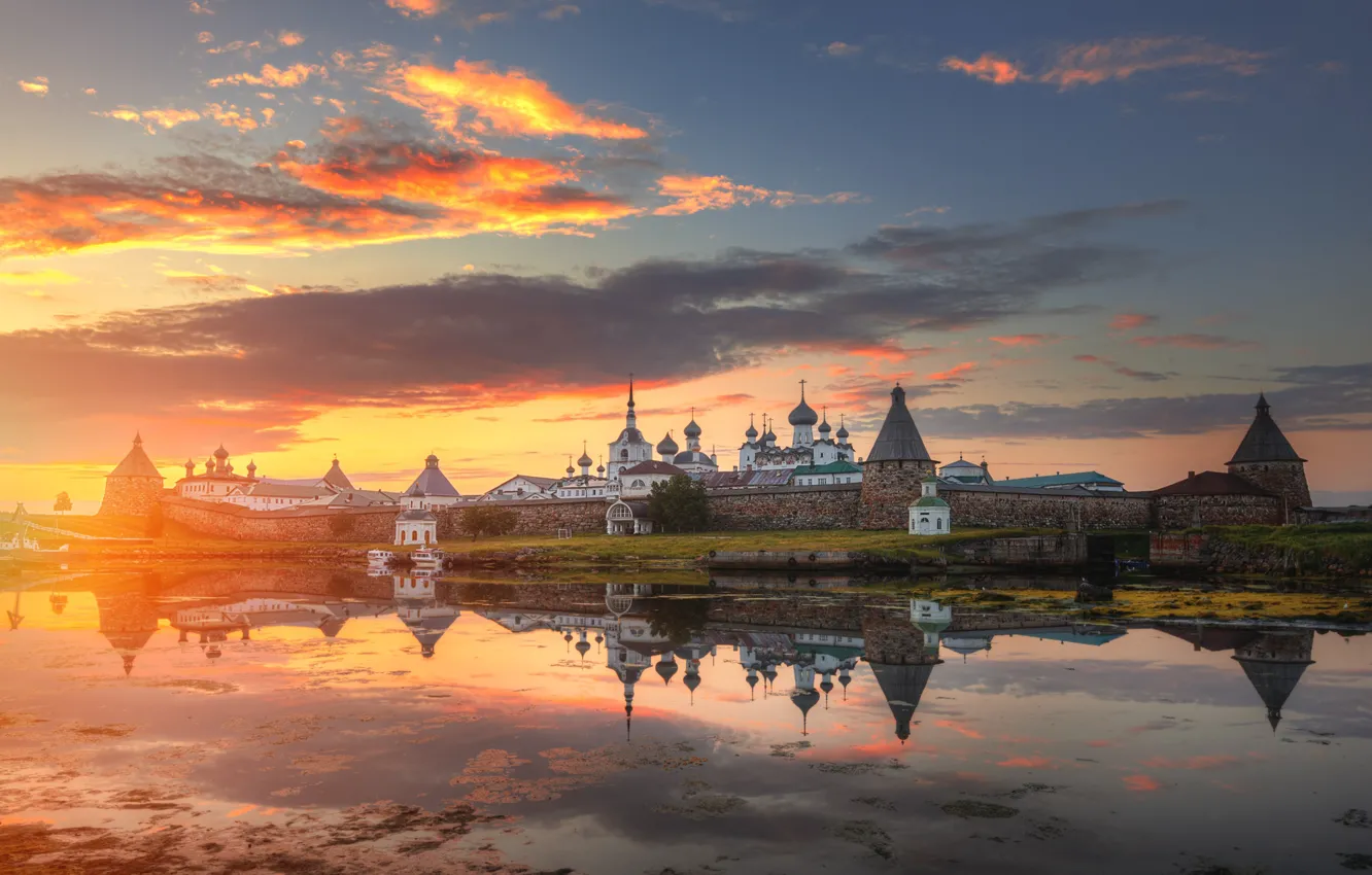 Photo wallpaper clouds, nature, reflection, river, dawn, Church, Solovetsky monastery, Eduard Gordeev