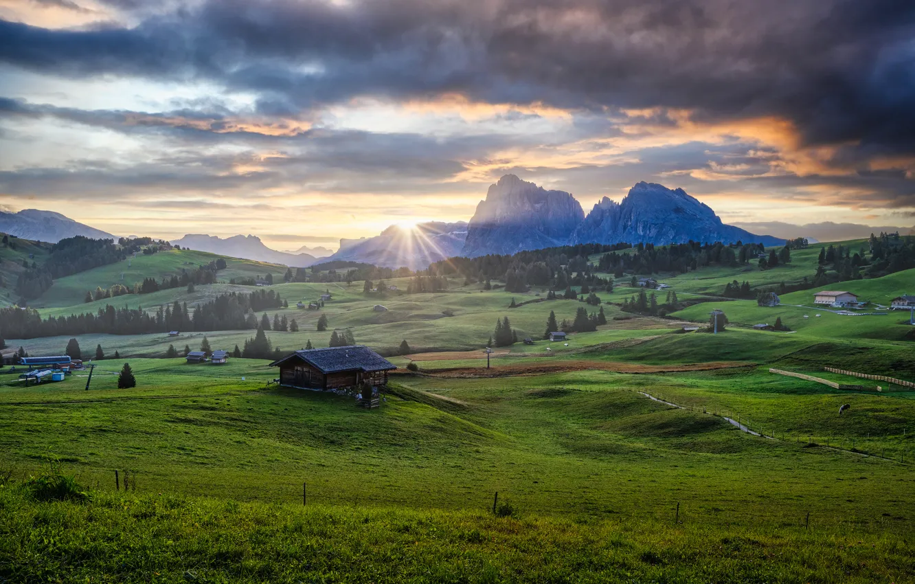 Photo wallpaper sunset, mountains, countryside, construction