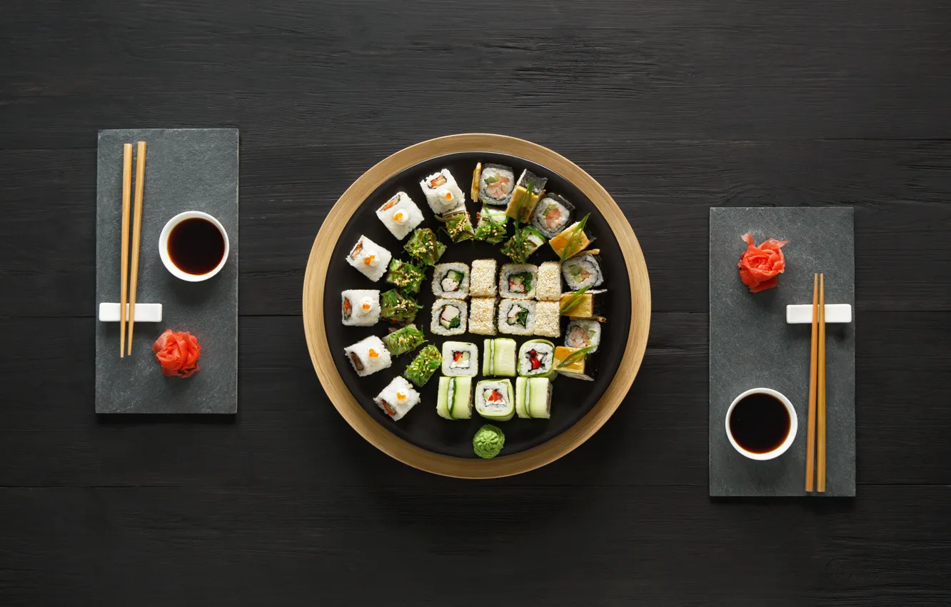 Photo wallpaper sticks, sauce, sushi, sushi, rolls, ginger, set, wasabi