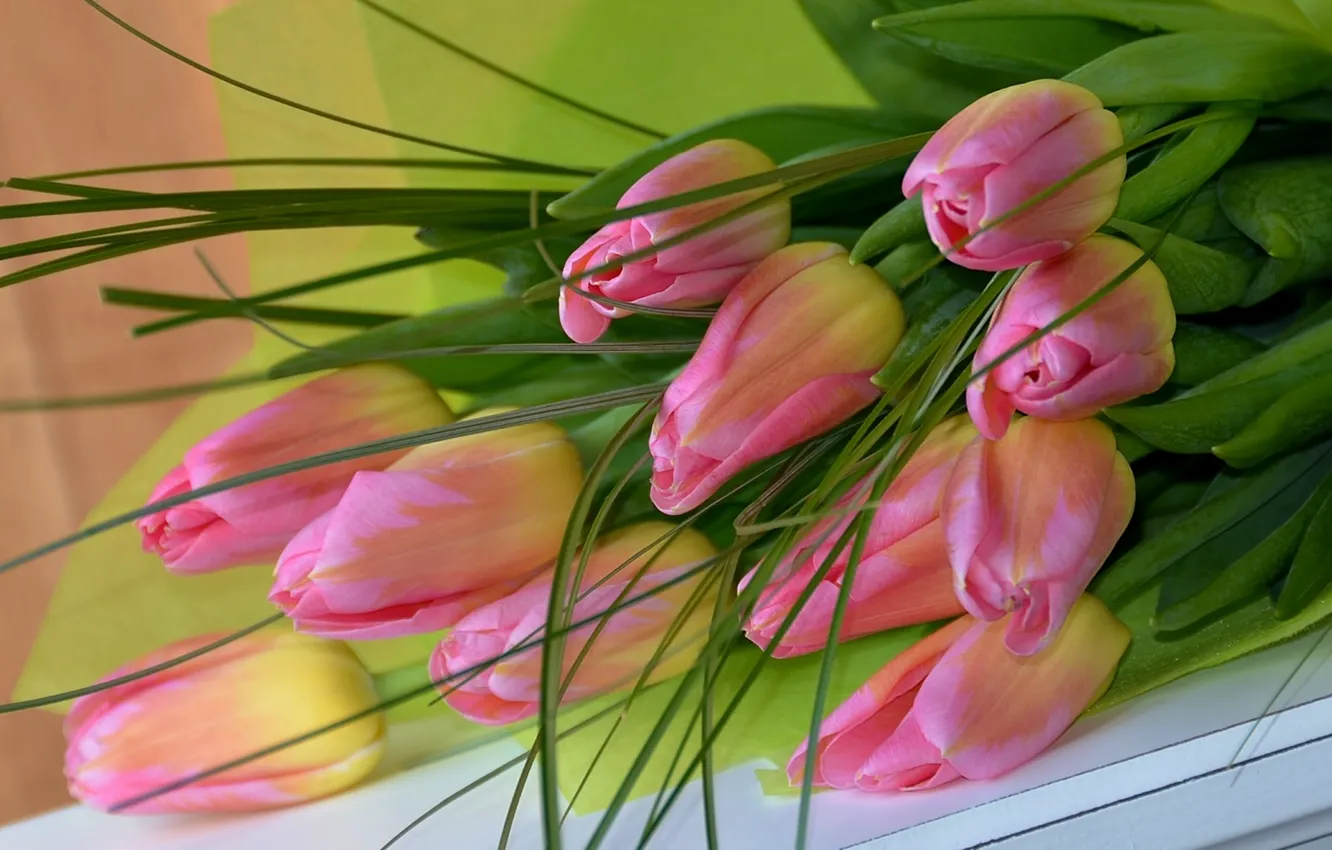 Photo wallpaper pink, bouquet, tulips