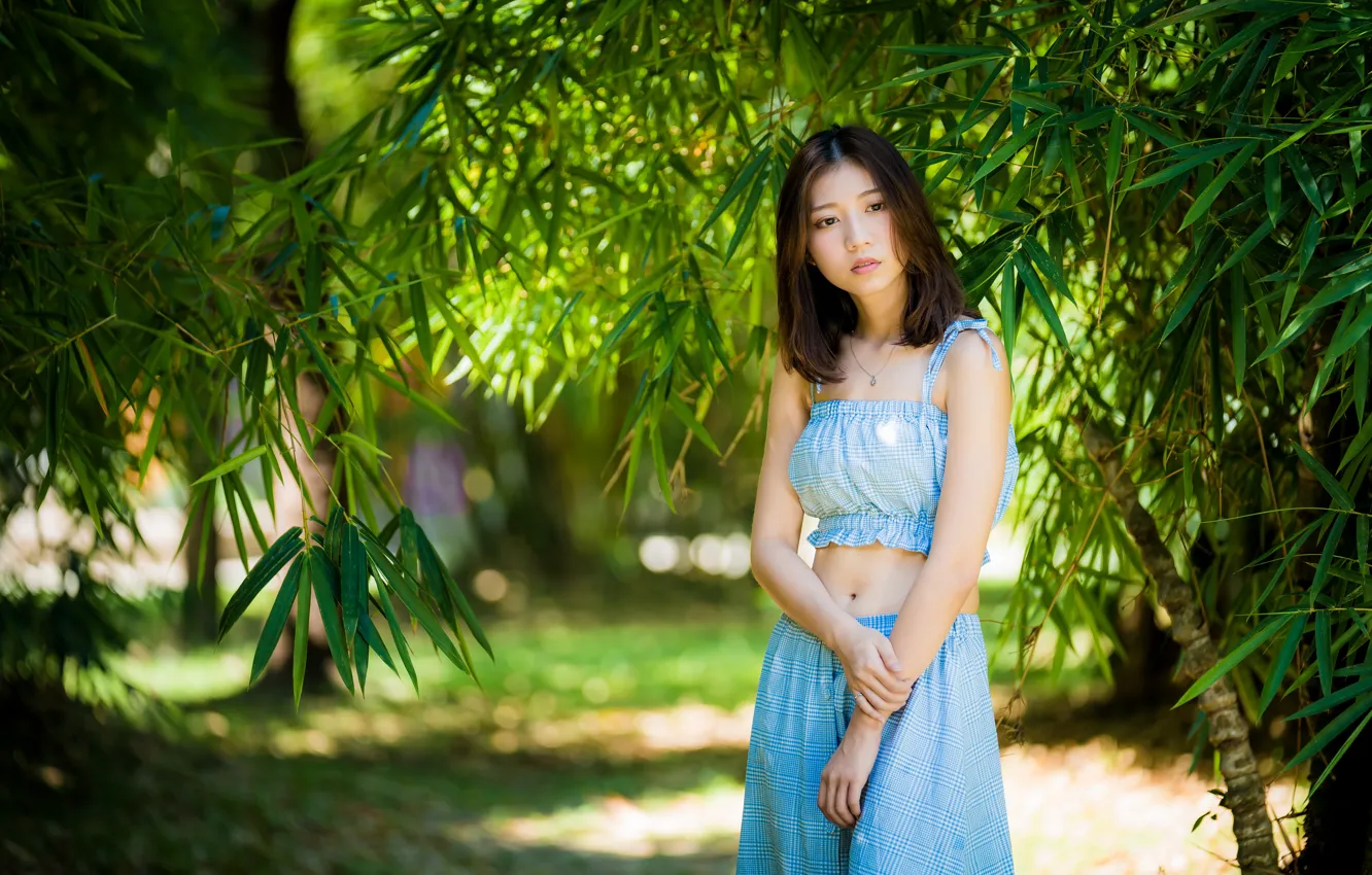 Photo wallpaper leaves, branches, brown hair, Asian, cutie