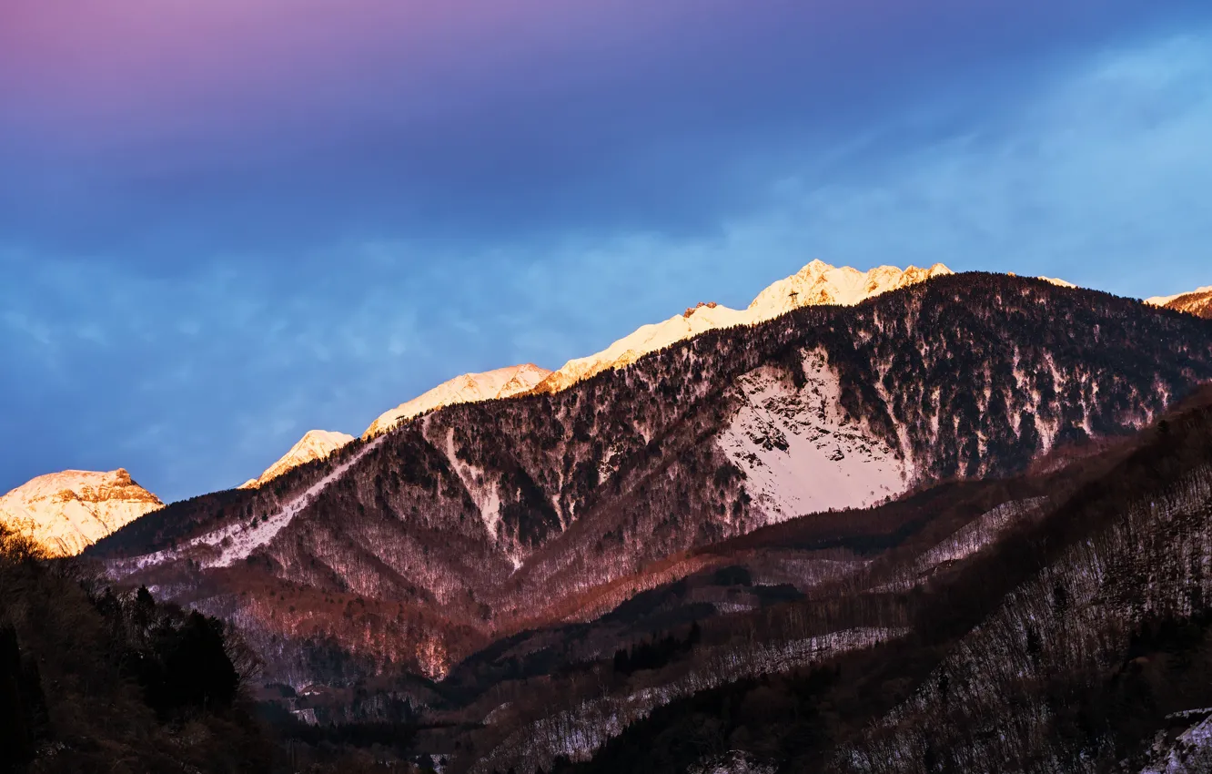 Photo wallpaper the sky, snow, mountains, blue, Japan, lilac, Nagano Prefecture