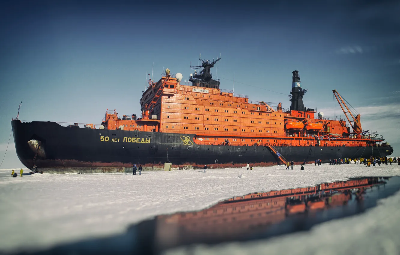 Photo wallpaper Winter, Board, Ice, Day, Icebreaker, The ship, Russia, 50 years of Victory