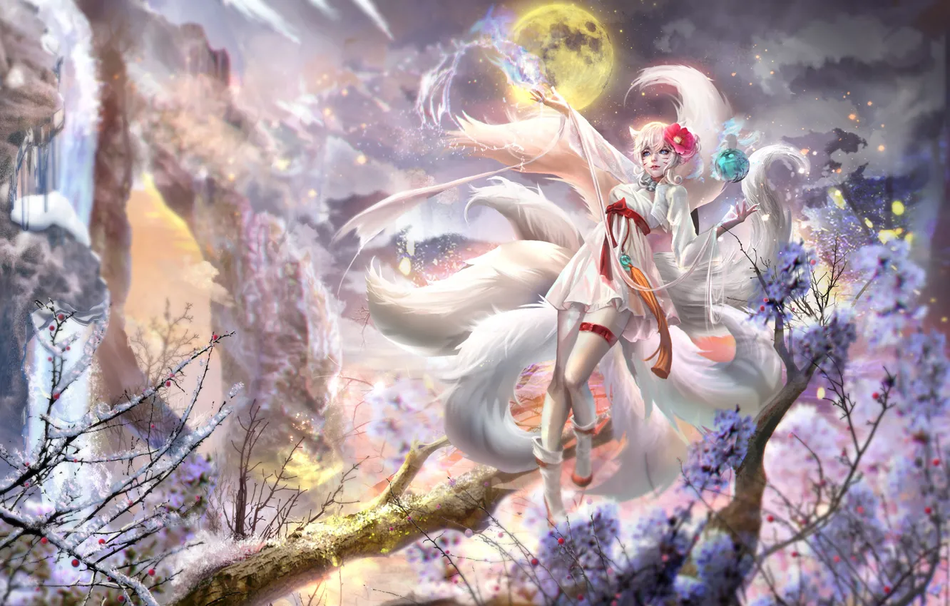 Photo wallpaper winter, snow, trees, night, the moon, dress, the full moon, League of Legends