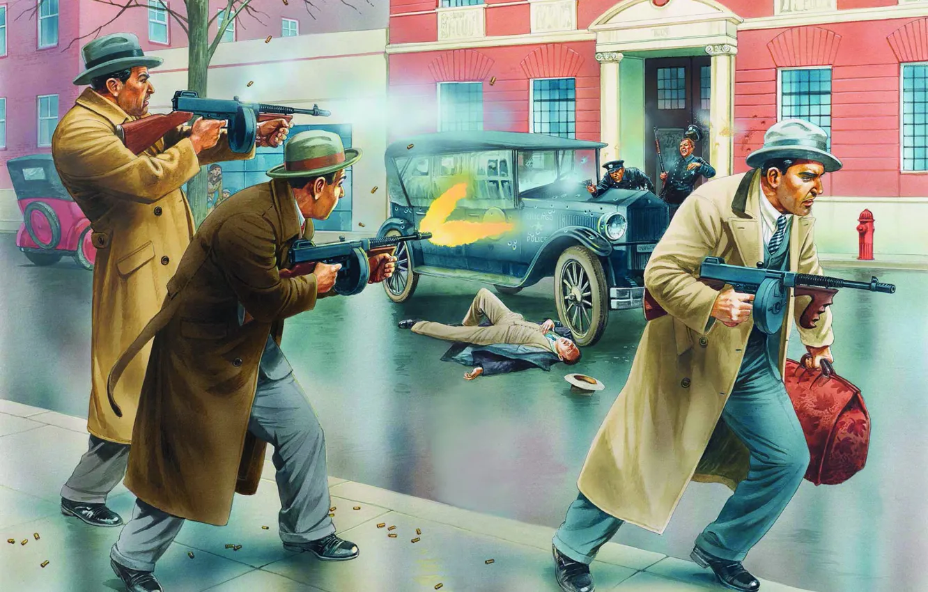 Photo wallpaper art, Chicago, artist, gangsters, Peter Dennis., submachine gun, shooting a submachine gun Tommy gun, the …