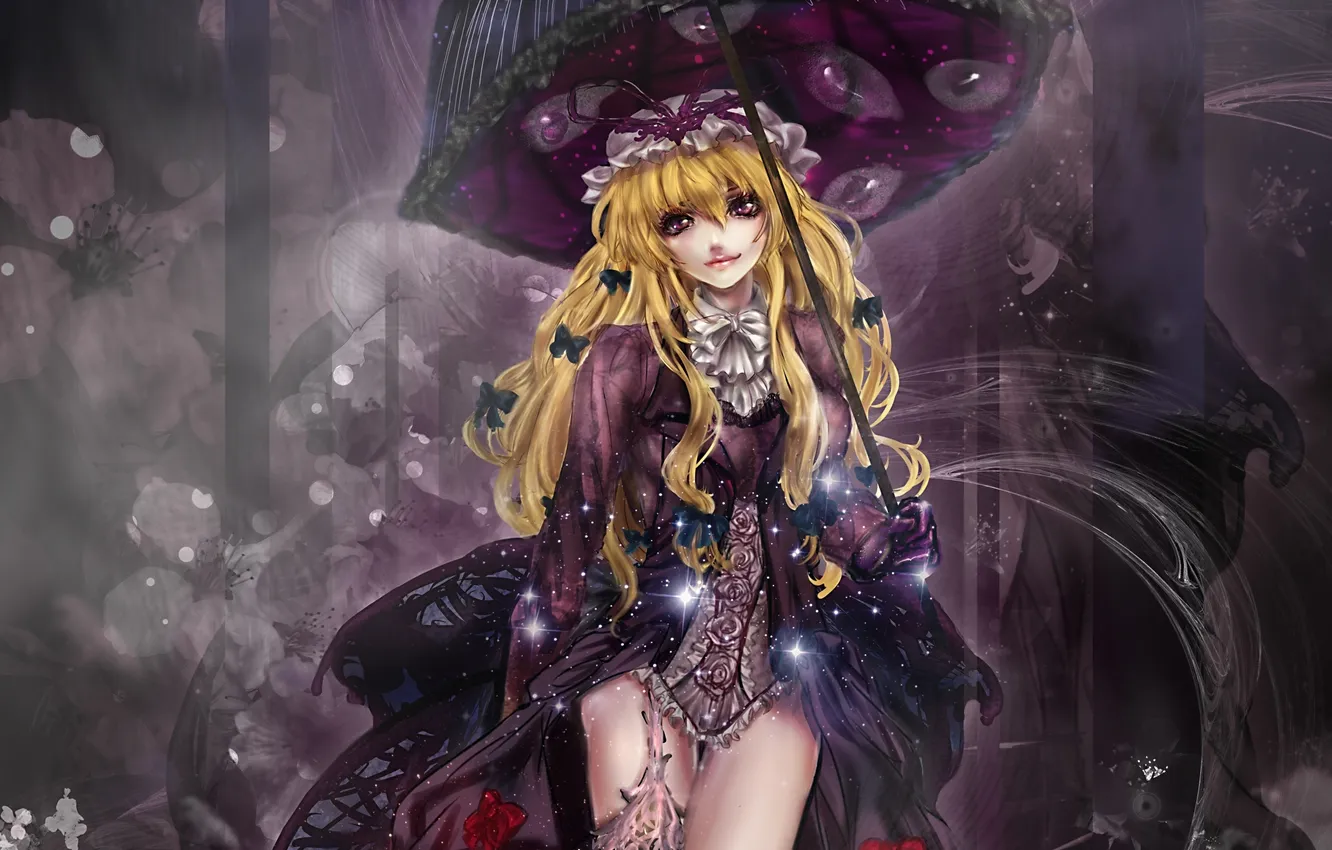 Photo wallpaper eyes, girl, butterfly, umbrella, art, corset, cap, touhou