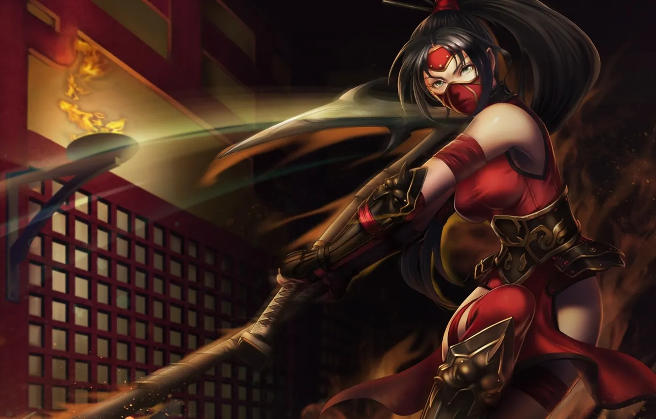 Photo wallpaper girl, weapons, movement, headband, axe, Akali, League of Legends