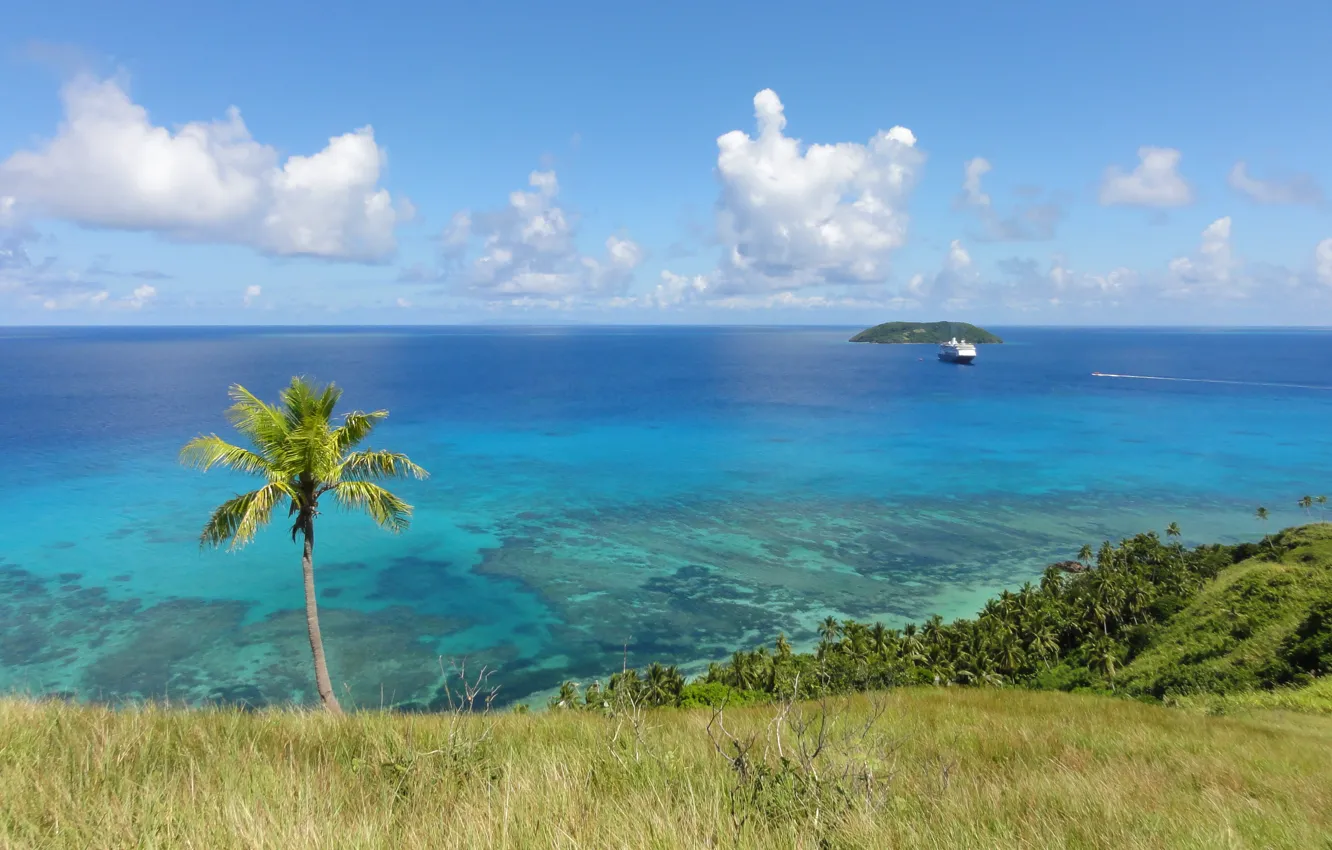 Photo wallpaper the ocean, shore, view, ship, island, horizon, exotic