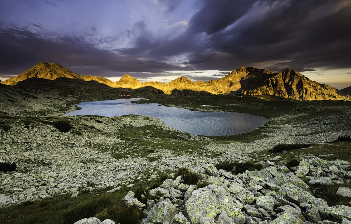 Photo wallpaper landscape, mountains, clouds, nature, lake, stones, Bulgaria, Tevno