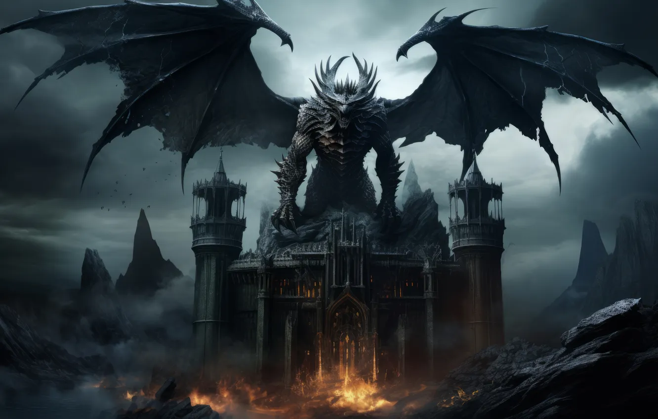 Photo wallpaper being, neural network, wings, horns, the devil, castle, digital art, Satan